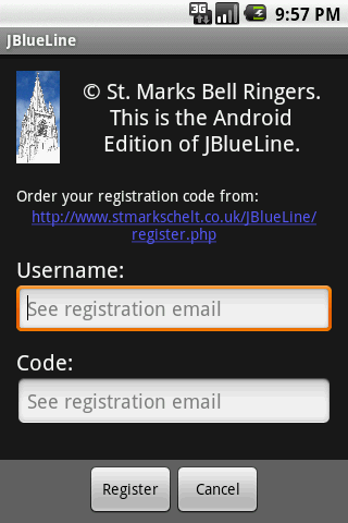 Entering registration details for JBlueLineAE.