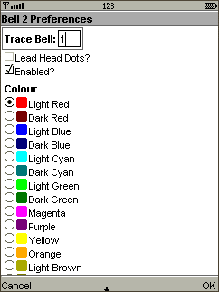 Select up to four bells to be traced and their line colours.